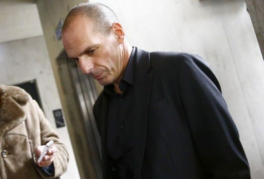 Greek Finance Minister Varoufakis answers journlist's questions at restaurant in Frankfurt
